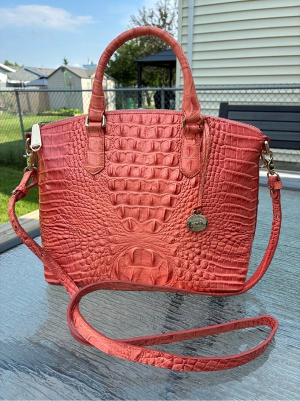 NWOT Brahmin Duxbury Coral Croc Embossed Leather Dome Satchel Shoulder Bag